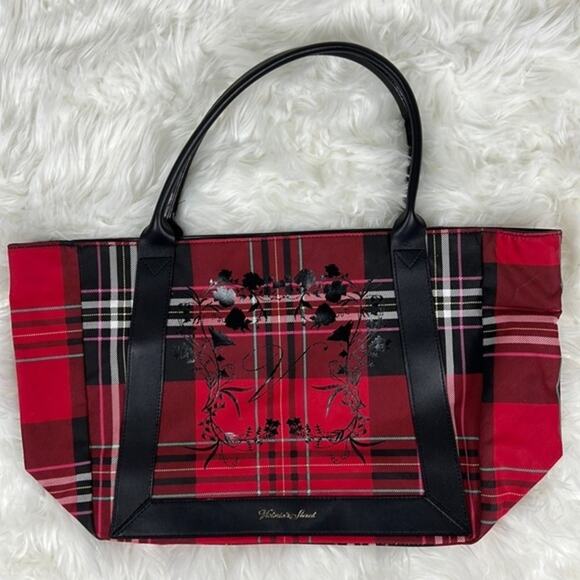 Victoria's Secret Tote Bag Womens Red Black Plaid Crest Canvas Limited Edition - Picture 2 of 4